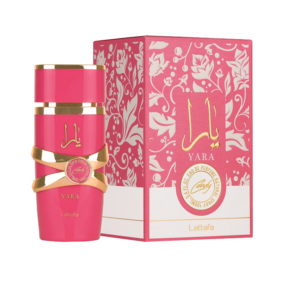 Lattafa Yara Candy 100 ml — flacon rose fuchsia et coffret assorti (photo officielle Lattafa)